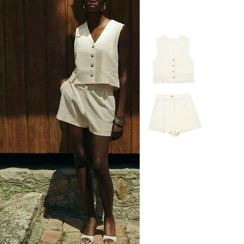 

TRAF Woman 2 Pieces Shorts Sets 2023 New White Fashion Linen Vest Tops Casual Shorts Summer Suit Two Piece Set Womens Outfits