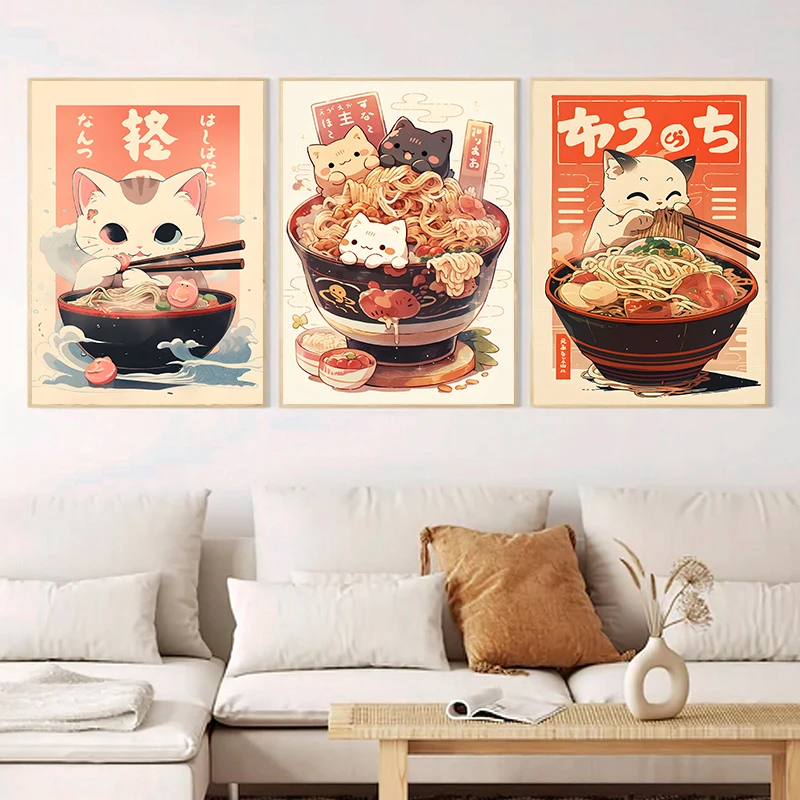 Винтажные милые забавные плакаты с изображением кота рамэн в стиле каваи и