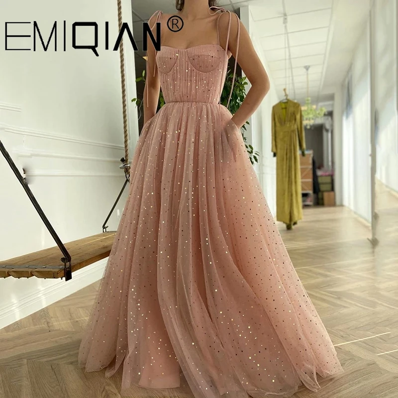 

Pink Long Prom Dress Sweetheart Spagetti Straps Stars Sequined Celebrate Dress A-Line Pleated Draped Arab Evening Dress