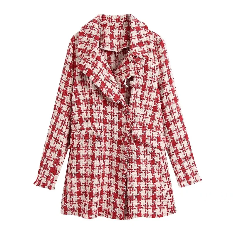 

Fall/winter 2023 Slim and Thin Double-breasted Top Temperament Commuter Ladies-style Houndstooth Texture Long-sleeved Jacket