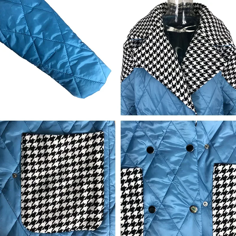 New2022 Turn Down Collar Parkas Women Fashion Patchwork Houndstooth Coats Women Elegant Loose Long Cotton Jacket Female Ladies J
