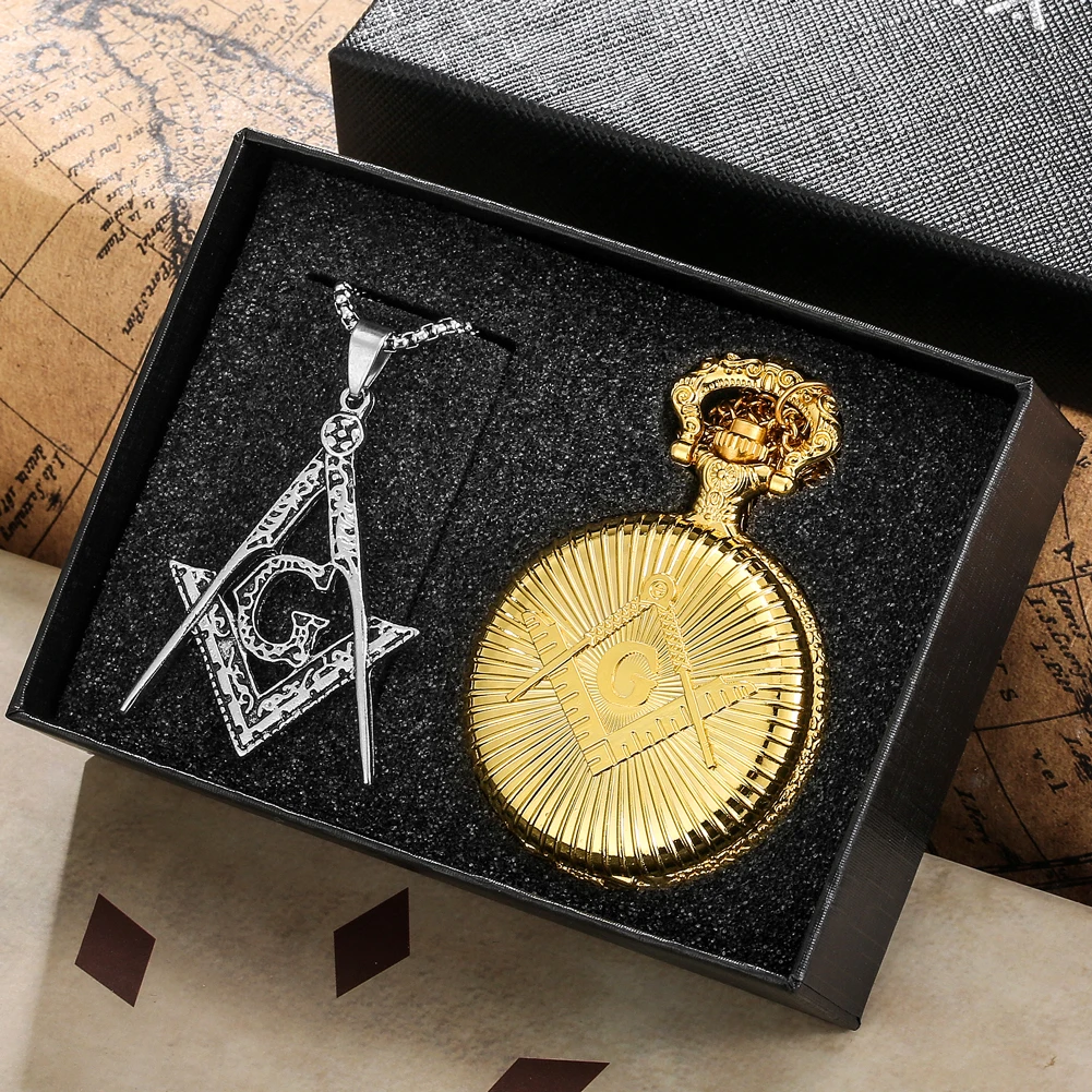 Luxurious Golden Masonic Pocket Watch Set Man's Quartz Pocket Clock Fashion Necklace Perfect Gifts with Box for Boyfriend Father