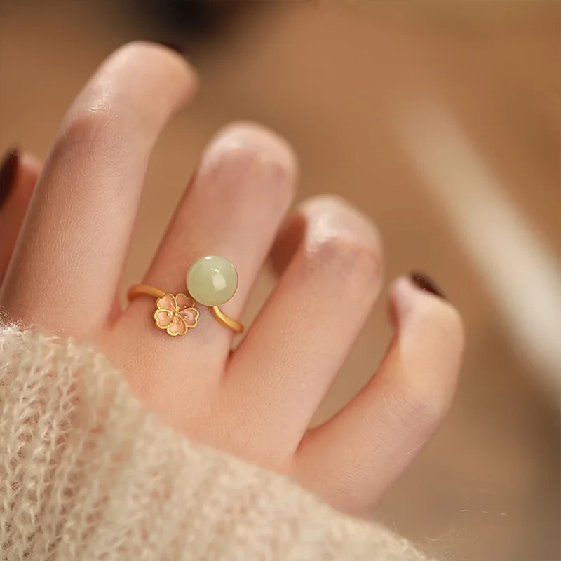 

PANJBJ Silver Gold Color Hotan Jade Flower Ring for Woman Vintage Fashion Jewelry Unusual Accessories Girls Dropshipping