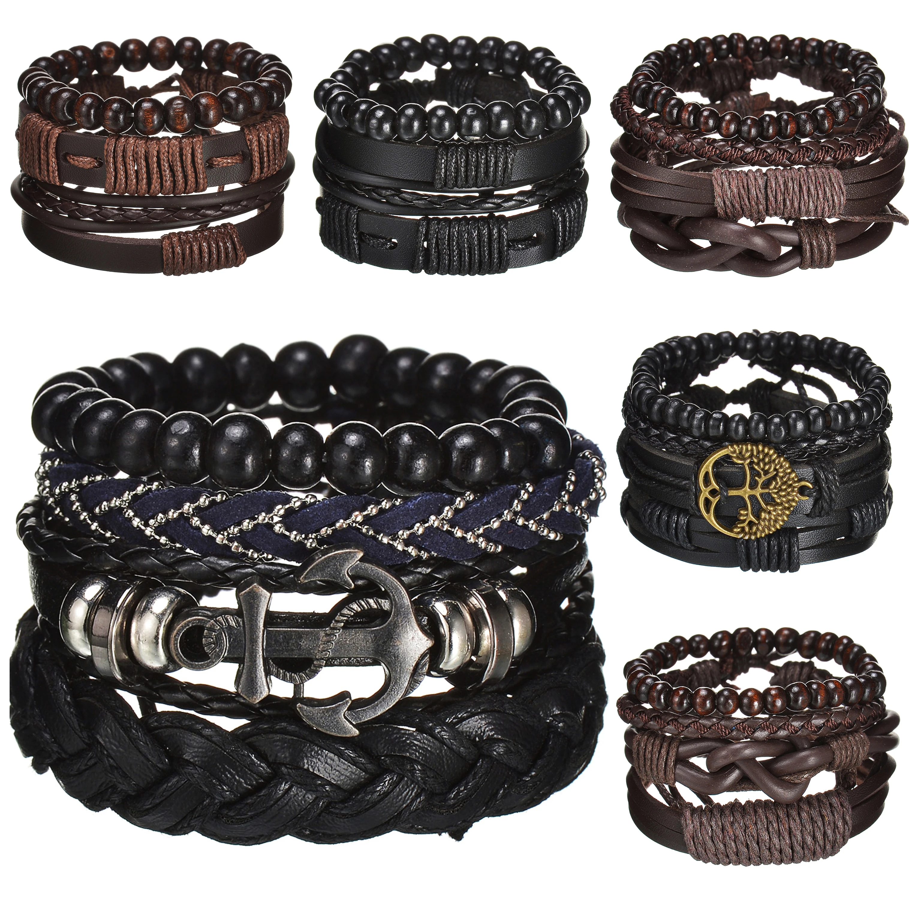 

MeMolissa 4pcs/Set Braided Wrap Leather Bracelets for Men Vintage Anchor Rudder Charm Wood Beads Ethnic Tribal Wristbands