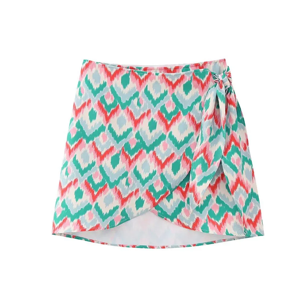 

PB&ZA Women 2023 summer new fashion double-breasted knot chic mini skirt geometric print Mujer skirt