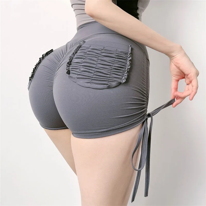 Women's Summer Lace Up Sports Shorts Tight Yoga Fitness Running Shorts High Waist Push Up Hip Lift Leggings Workout Pocket Pants