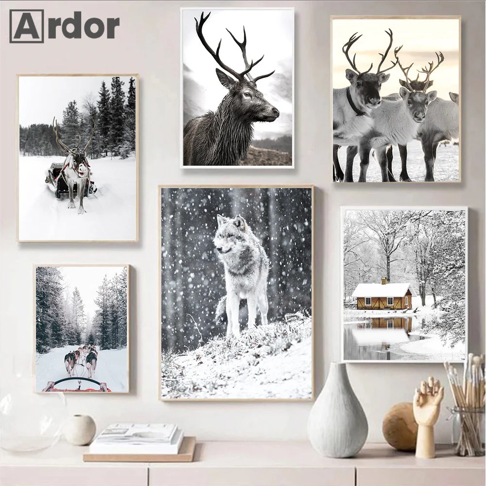 

Nordic Forest Winter Art Poster Snow Elk Wolf Reindeer Canvas Painting Cones Pine Print Wood Wall Picture Living Room Home Decor