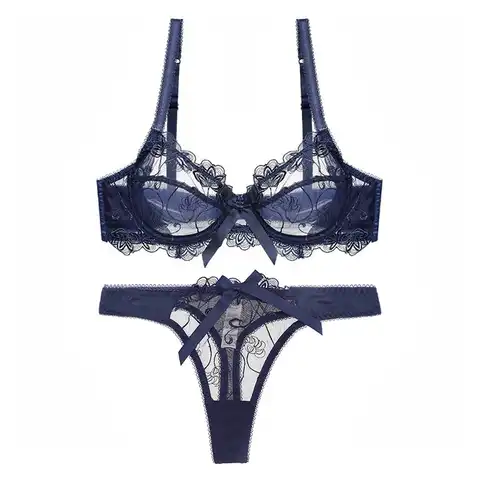 Women Sexy Lace Ultra-Thin Breathable Floral Lingerie Suit Bras+Thongs Set Underwear with Push Up Women French Lingerie