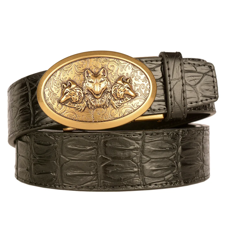 

Fashion Men Belt Wolf Pattern Metal Automatic Buckle Jeans Accessories High Quality Luxury Brand Genuine Leather Waistband Gift