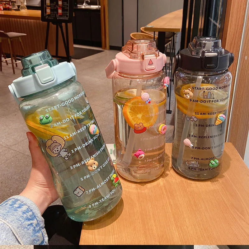 

2L Water Bottle with Time Mark Girls' Fitness Pot Large Capacity Portable Sports and Fitness Beverage Bottle with Straw