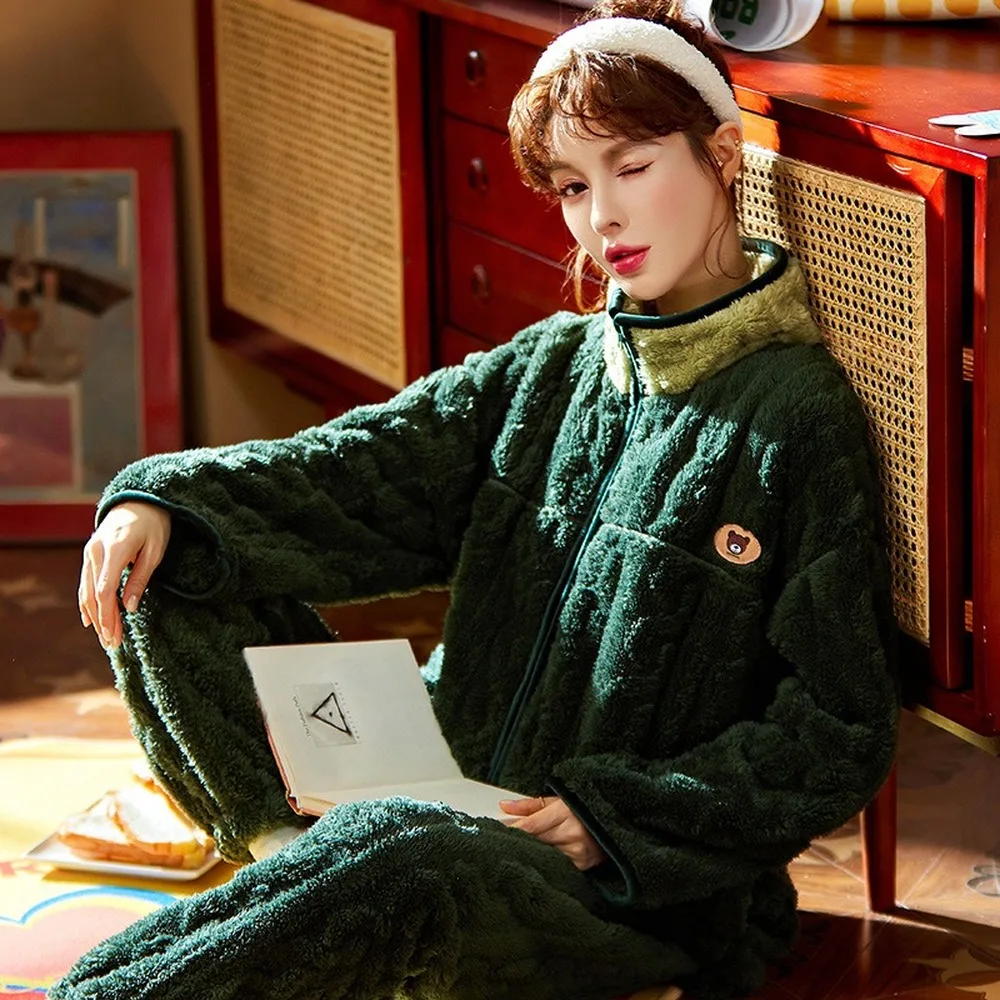 Thickened Flannel Women's Pajamas Set Warm Coral Fleece Pajamas for Women Nightgown Winter Home Service Sleepwear pijama mujer