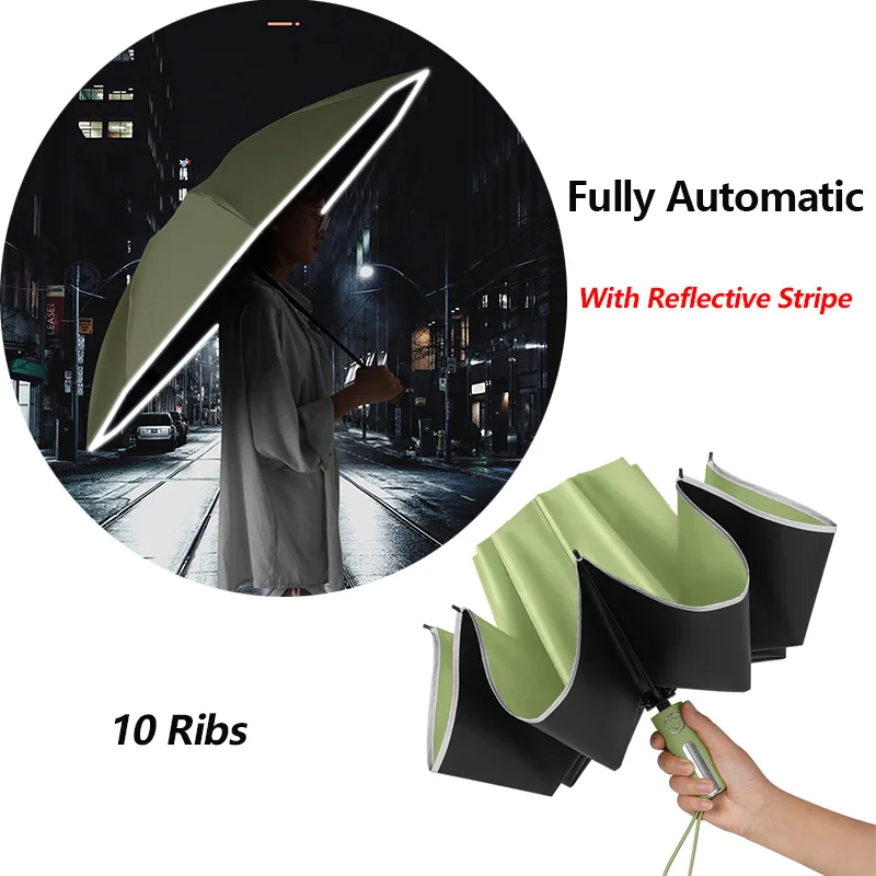 

Fully Automatic UV Umbrella With Reflective Stripe 10 Ribs Auto Open and Close Portable Travel Umbrella Large Rain Sun Umbrellas