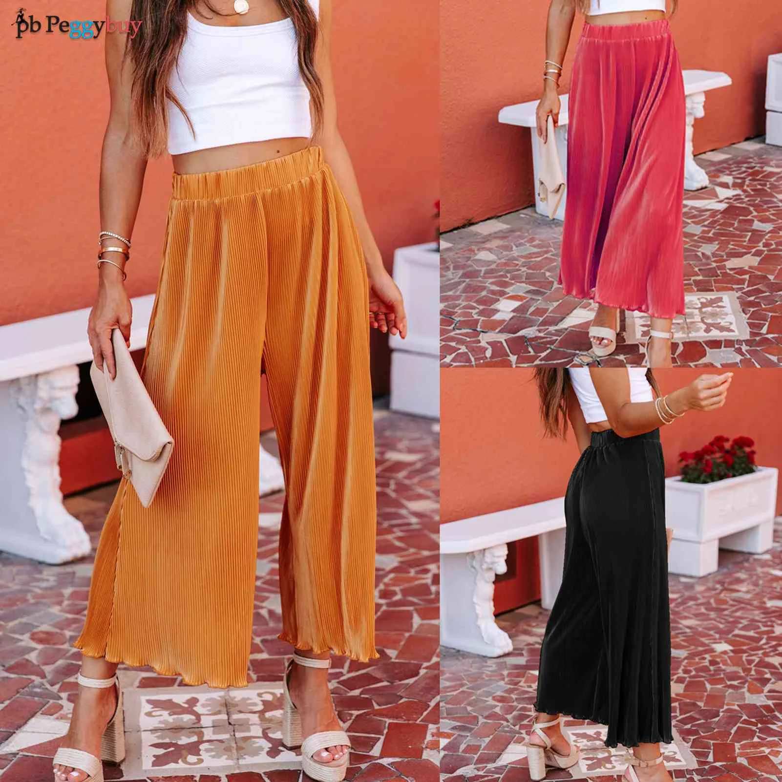 

Женские брюки до щиколотки, повседневные широкие брюки, Свободные плиссированные эластичные модные мягкие дышащие уличные брюки