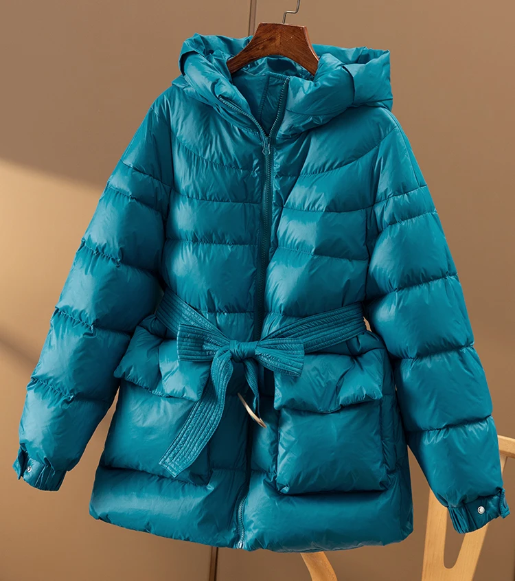 High Quality Abrigos Mujer Invierno 85% White Goose Down Down Jacket Women Hooded Autumn/Winter Wide-waisted Adjustable Waist
