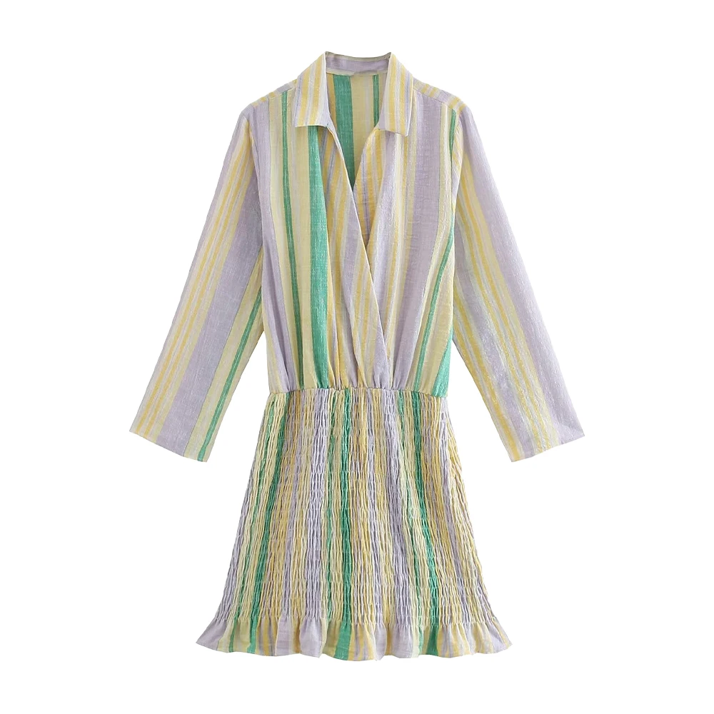 

Женское мини-платье в полоску, с отложным воротником и длинными рукавами