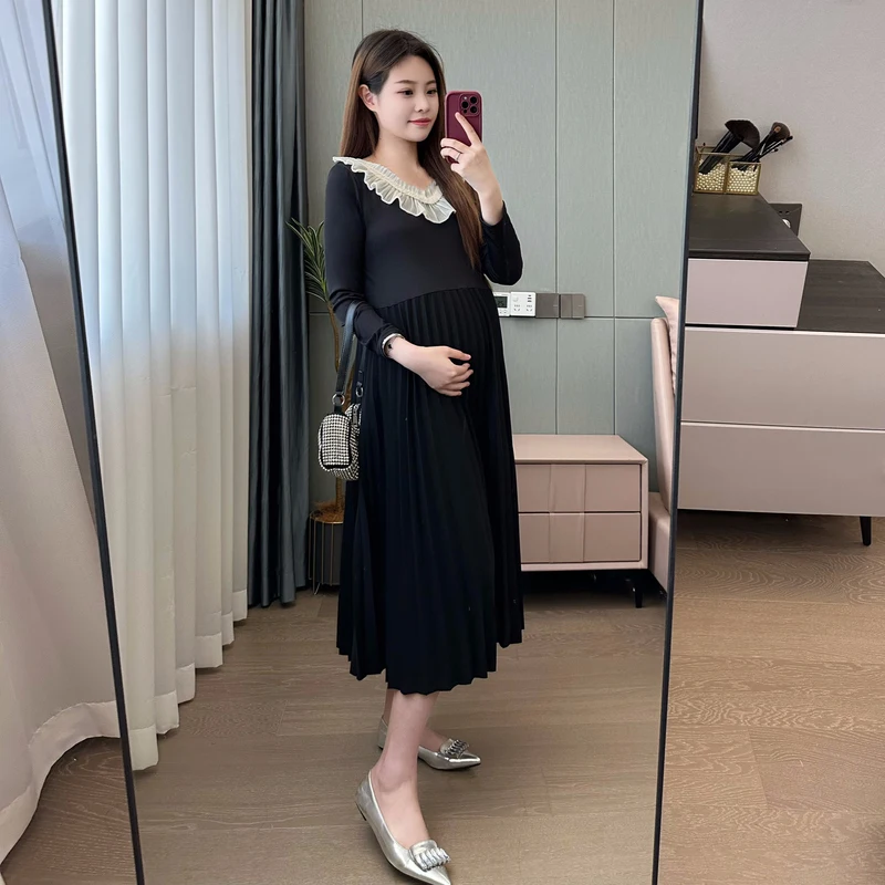 Осеннее элегантное платье для беременных черное милое кружевное плиссированное