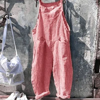 womens casual striped sleeveless jumpsuit loose long suspender overalls trousers pockets summer fashion plaid romper streetwear