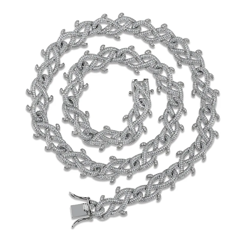 

New Hip Hop Thorns Mens Charm Zircon Iced Out Barbed Wire Cuban Chain Necklace