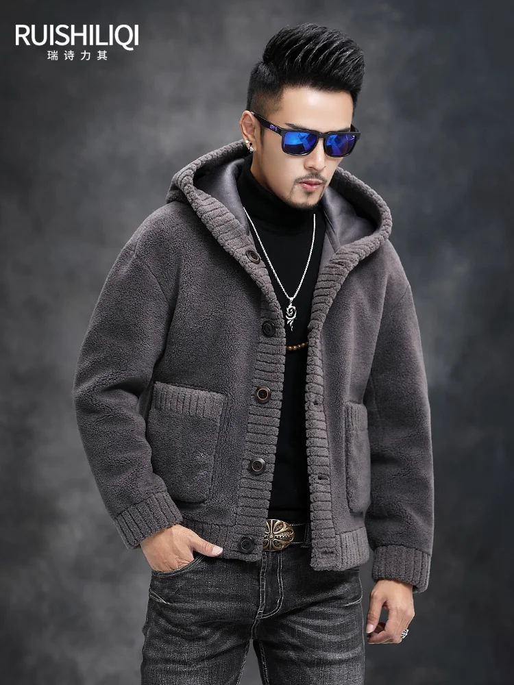 Двусторонняя износостойкая кашемировая мужская куртка из овечьей шерсти со