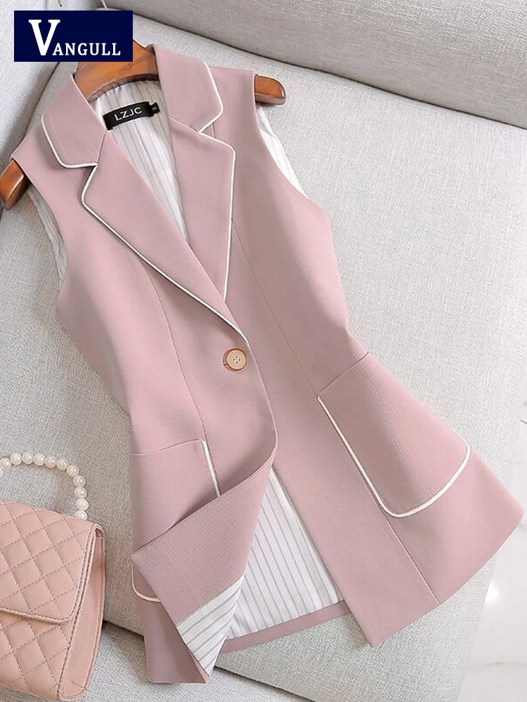 

Vangull Office Lady Pink Long Vest Women Single Button Spring New Slim Waistcoat Female Sleeveless Solid V-Neck Pocket Vest