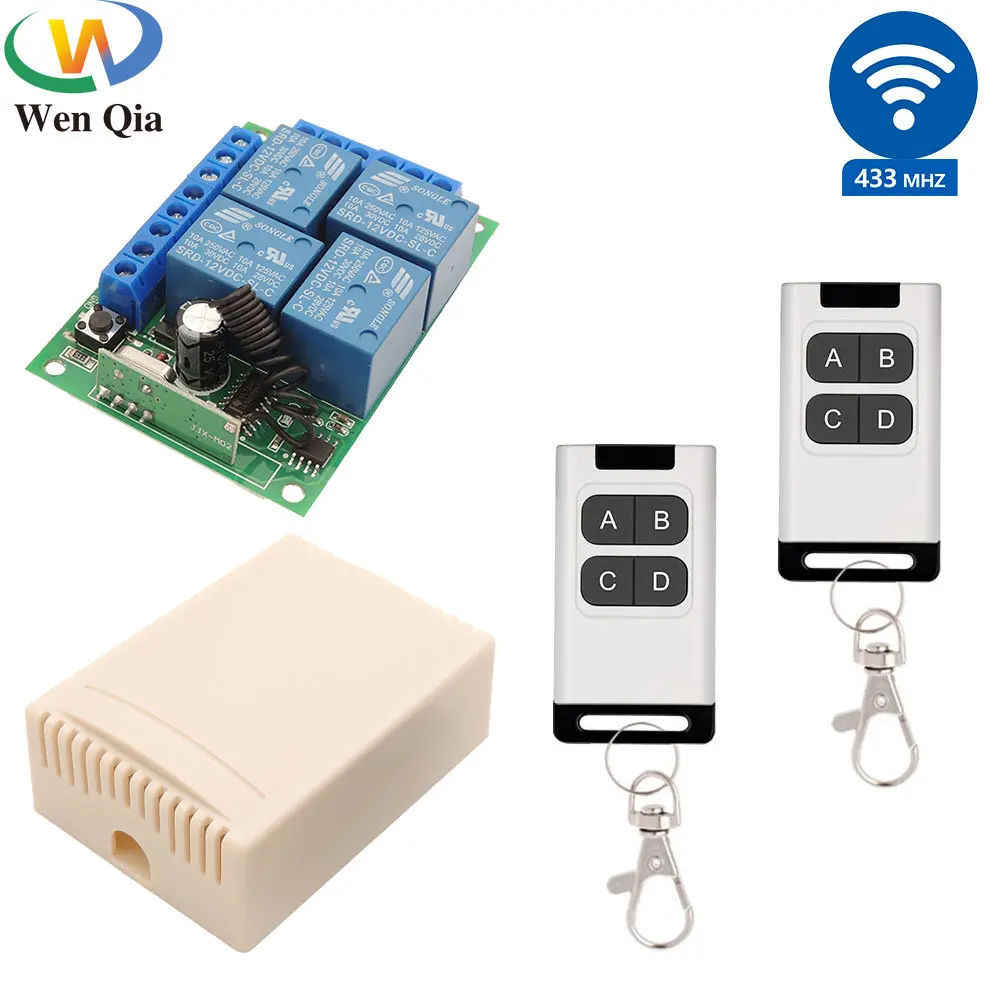 

WenQia 12V 4CH Wireless Relay Receiver RF 433MHz Remote Control Switch Moulde Transmitter for Light/Car/Garage/Truck/Motor 10A