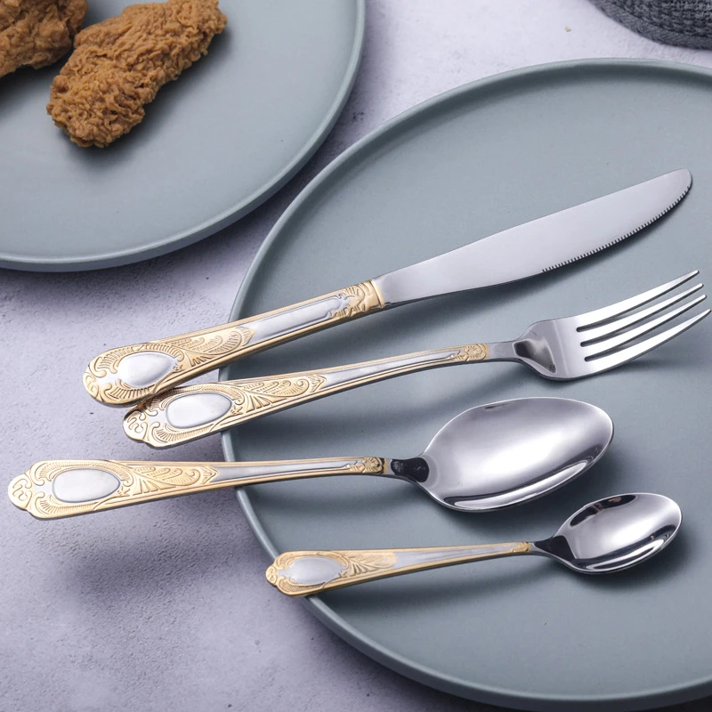 1/4/6set Dinnerware Set Vintage Western Gold Plated Dinner Fork Knife Golden Cutlery Set Stainless Steel Engraving Tableware