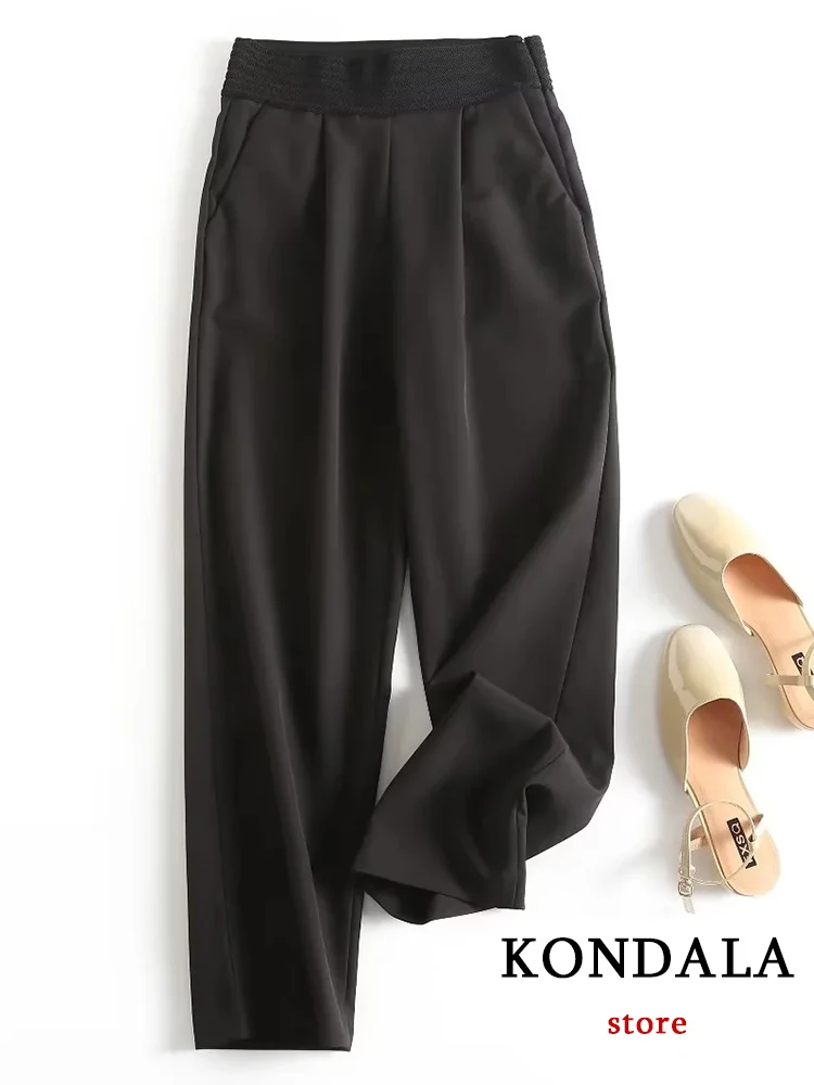 

KONDALA Office Lady Black Elastic Straight Long Pants Women High Waist Side Pockets Vintage Loose Trousers Fashion 2022 Autumn