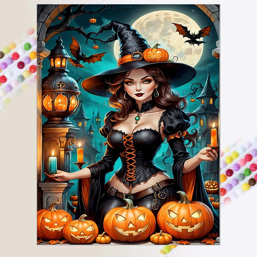 DIY Алмазная Живопись Хэллоуин Тема Ведьма Тыква Голова Круглая Полное Покрытие