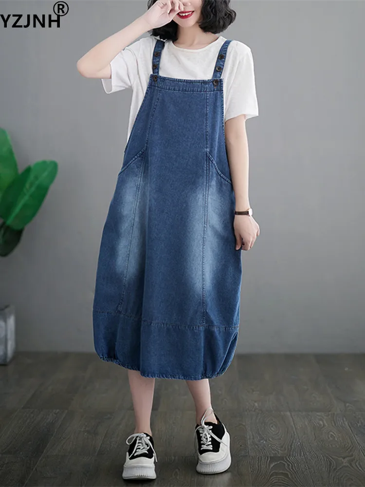 

YZJNH 2023 Весна/Лето Корейская версия свободная и простая повседневная длинная джинсовая юбка на бретелях женская большая