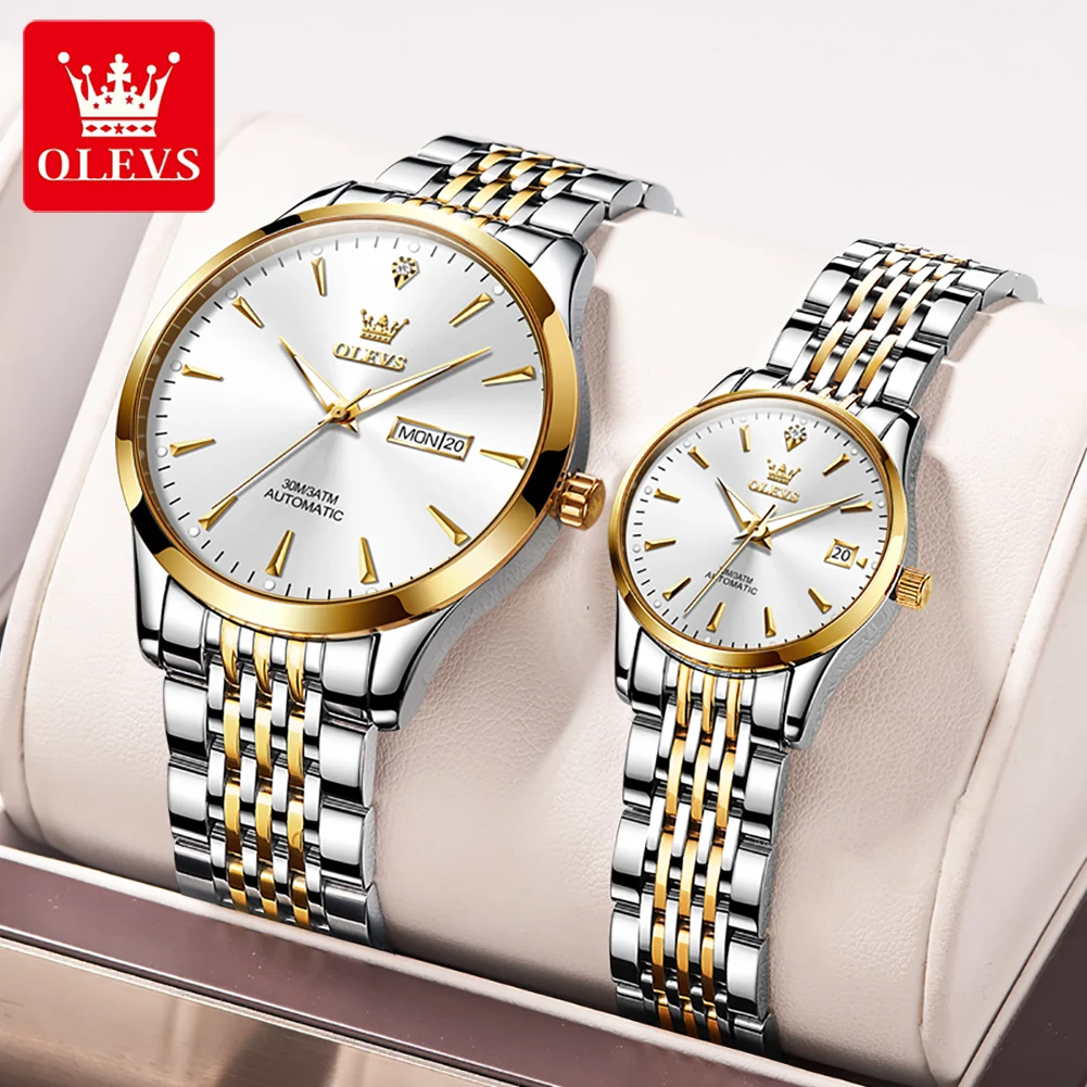 OLEVS New Luxury Couple Mechanical Watch Waterproof Stainless Steel Strap Week Calendar Luminous Fashion Casual Automatic Watch