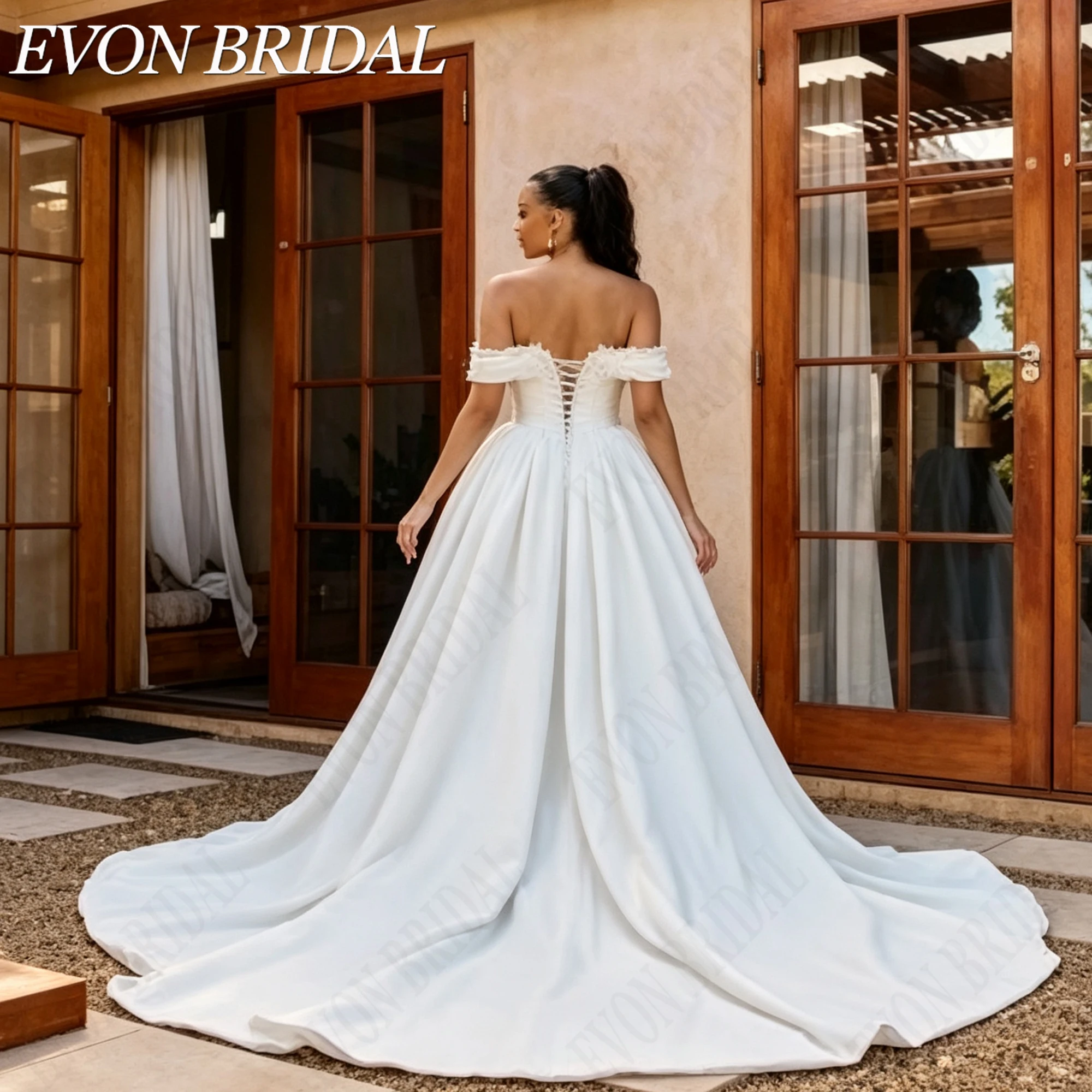Фото EVON BRIDAL Свадебное платье со съемными рукавами для женщин с пышными формами, без бретелек атласное платье невесты баск силуэт, А-образное свадебное платье на шнуровке, индивидуальный пошив свадебного платья, №5