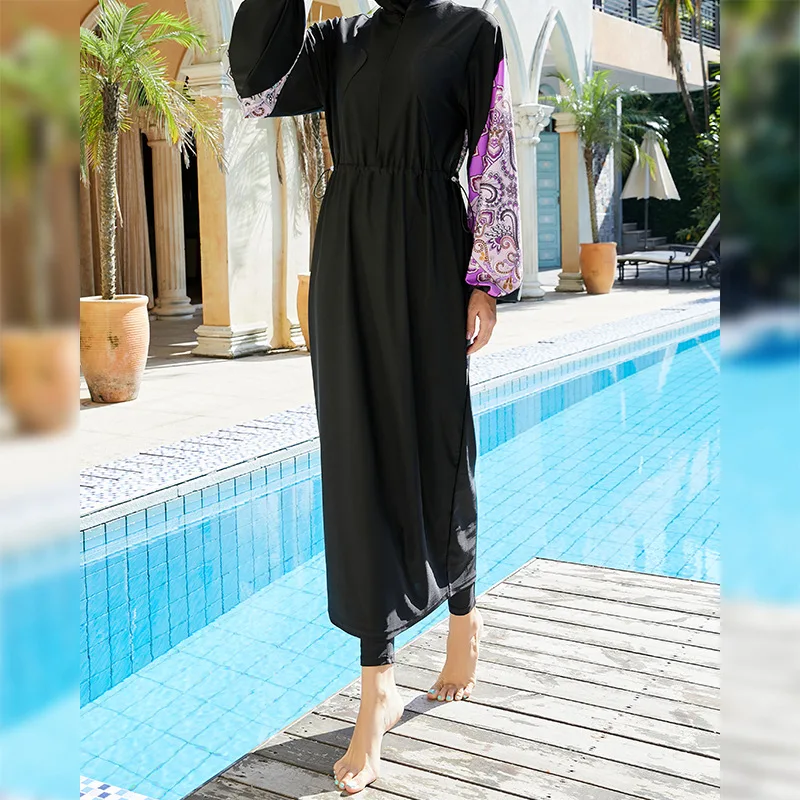2022 New Design Burkini Swimsuit For Muslim Women Lantern Sleeve Long Robe Paisley Print Drawstring Baju Renang Muslimah