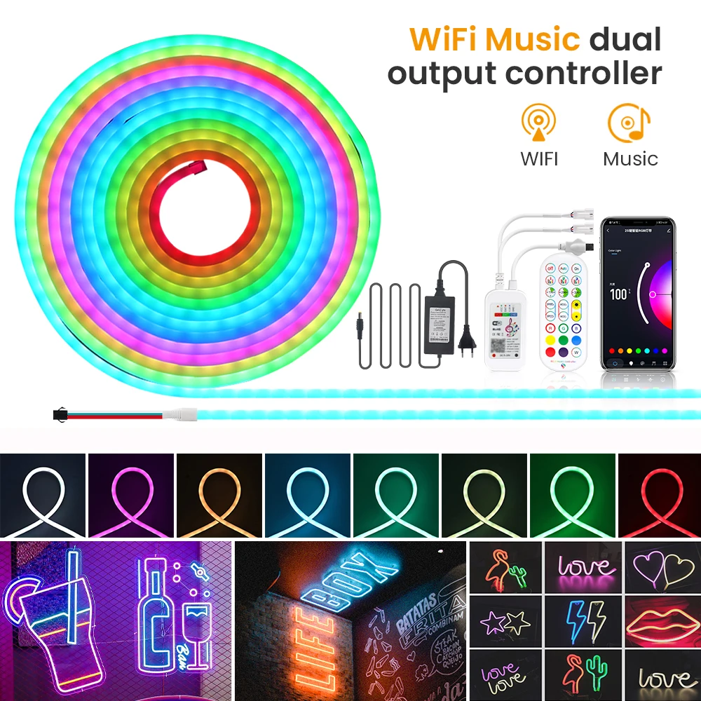 

RGB неоновая лента с Wi-Fi и Bluetooth-управлением, 12 В, 96 светодиодов/м