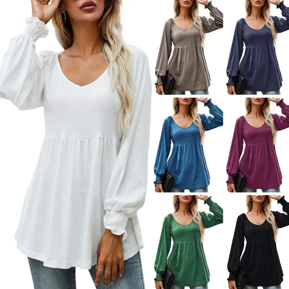 

Autumn Women V-neck Elastic Ruffle Cuffs Loose Hem Tunic Blouse Puff Long Sleeve Women Jumpers Female Clothing Tops