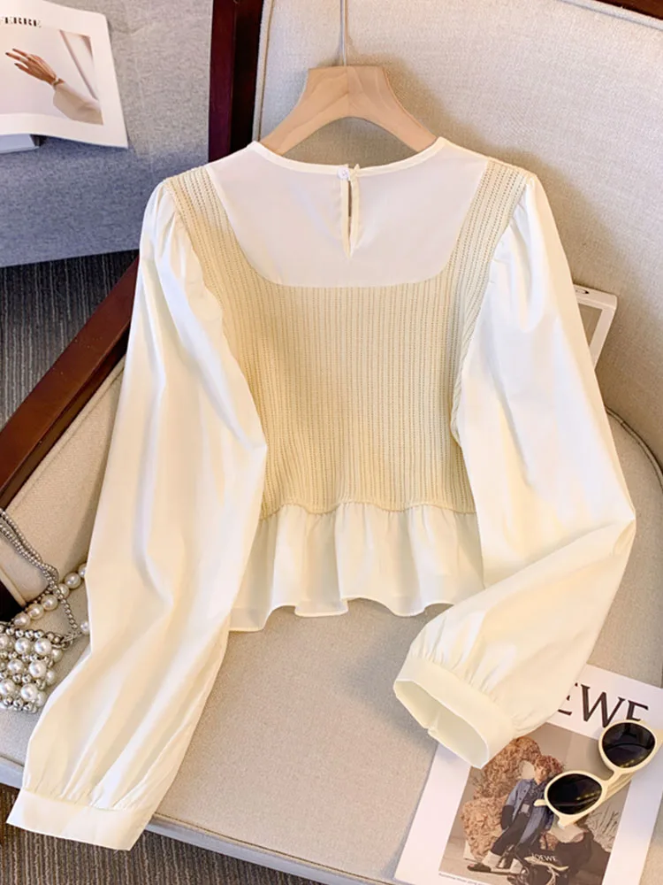 Fake Two Pieces Patchwork Shirt Sleeve Crop Top Women Elegant O-Neck Casual Shirts Autumn Winter Sweet Cute Cozy Chiffon Blouses