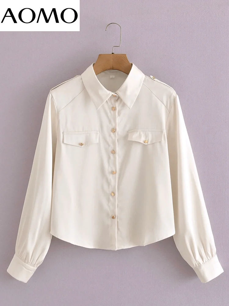 

Женская атласная короткая рубашка AOMO, блузка с длинным рукавом, шикарные женские офисные топы, 3A136A, 2022