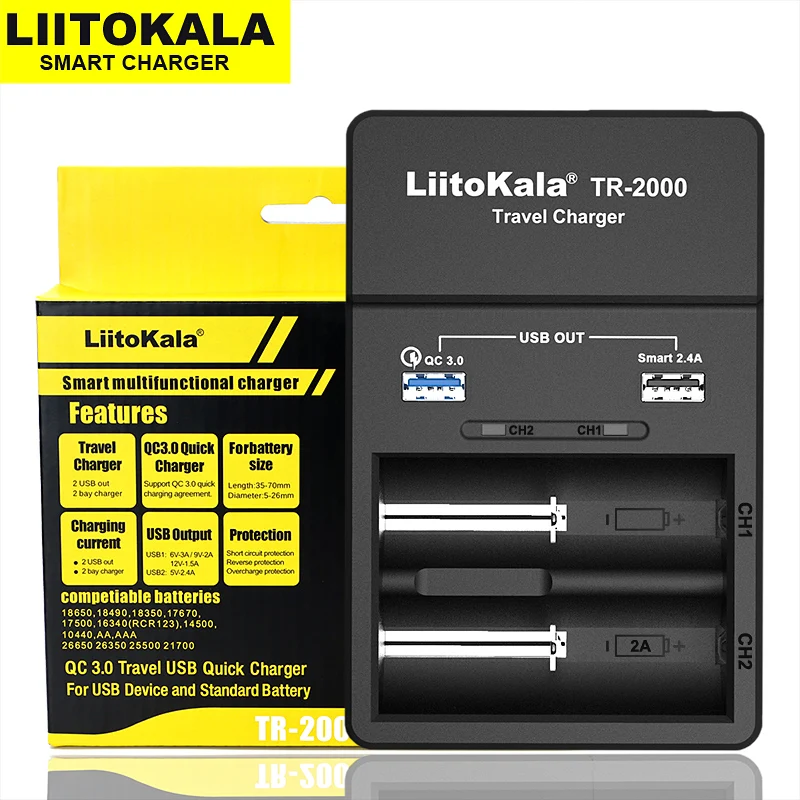 2023 LiitoKala TR-2000 18650 Battery Charger and USB QC3.0 output Travel charger For 18650 26650 21700 18500 and 5V electronics