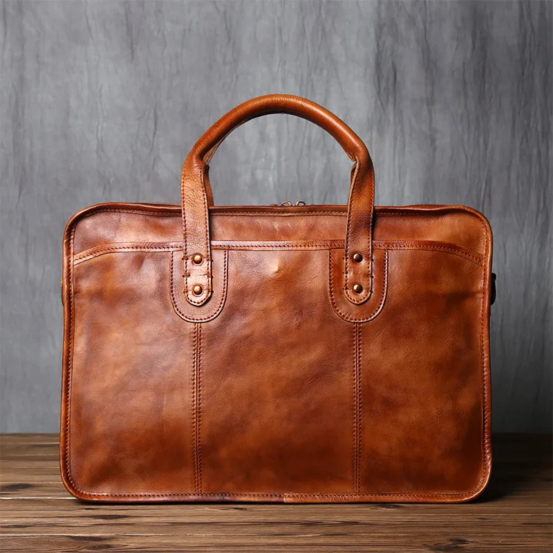 Vintage fashion designer first layer cowhide Man 15 inch briefcase genuine leather office lawyer work large capacity handbag
