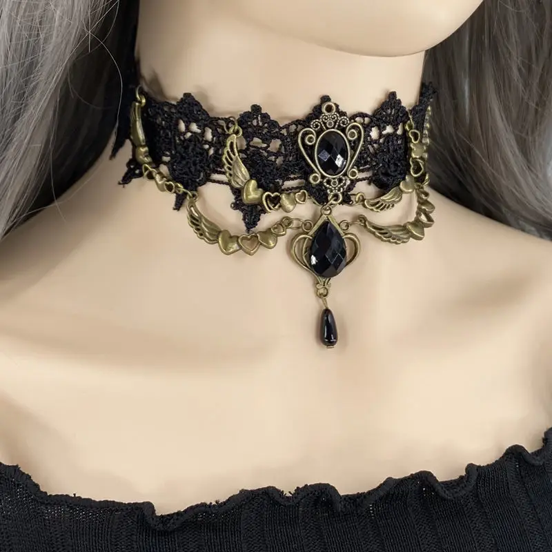 

Black Retro Flower Vine Spirit Crystal Lolita Temperament Lace Necklace Jewelry Bride Collarbone Chain
