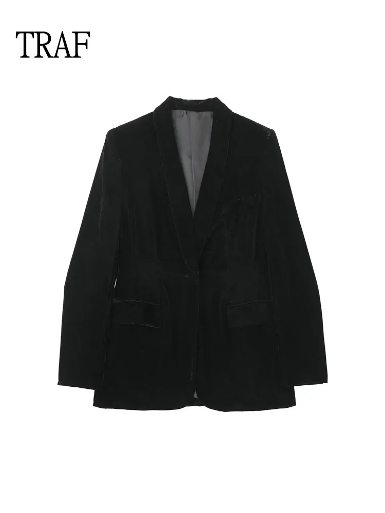 

TRAF Black Blazer Women Jacket 2022 Fashion Velvet Female Blazers Set Vintage Single Button Long Sleeve Elegant Woman Coat