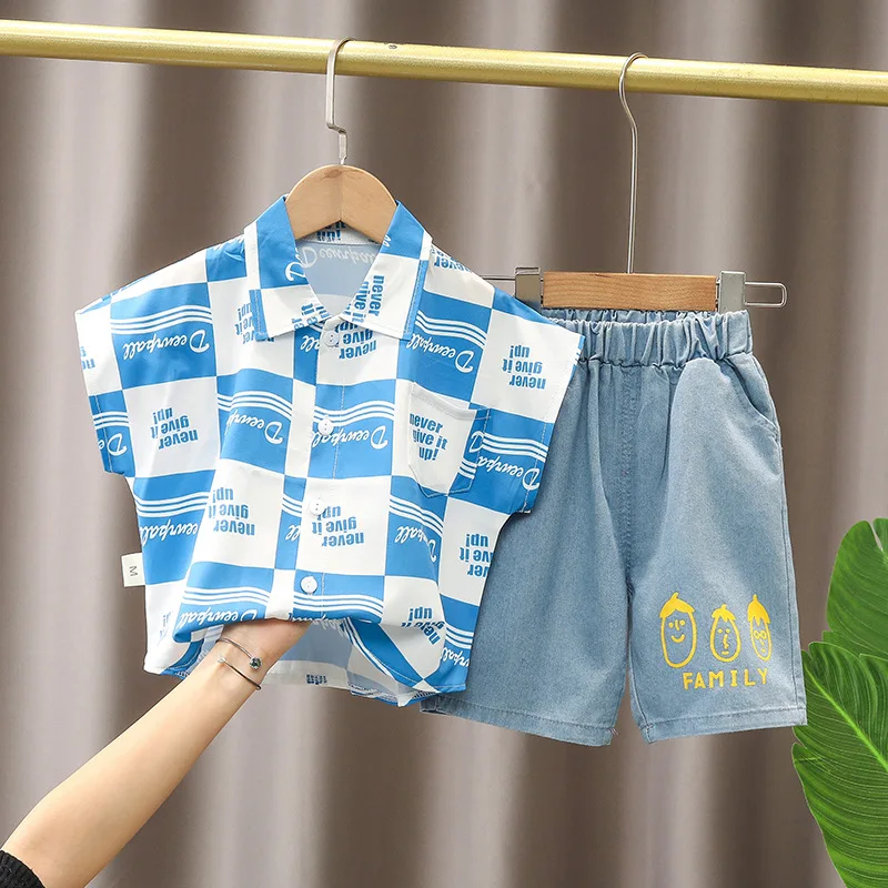 

Toddler Girls Clothes Sets 2022 Summer Baby Boys Short Sleeve Outfits Children Fashion Letter Shirt+ Denim Shorts 2pcs/sets