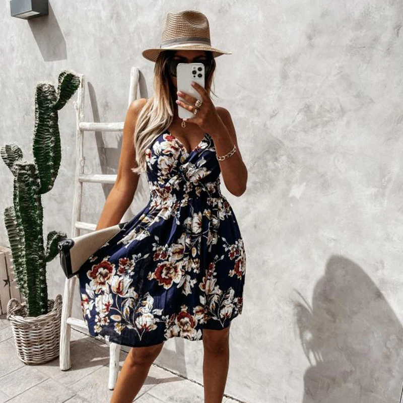 

Summer New Women's Clothing European and American Style Slimming Floral High Waist Tight Waist Sleeveless Dress SexyVCollar Slip