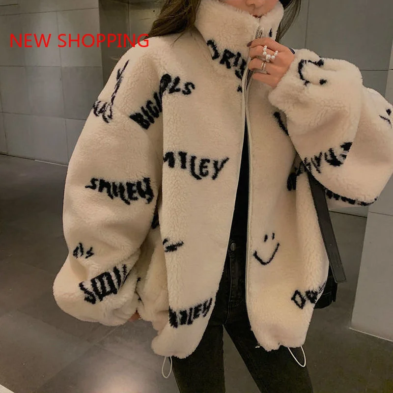 Oversized Faux Fur Woolen Warm Women Jacket Lamb Wool Winter Coat White Black 2022 Korean Chic Kawaii Parkas Stand Collar Coats