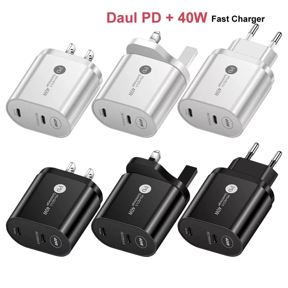 

Dual PD 40W USB C Charger QC 3.0 EU US UK Plug Fast Charger Type C Phone Charger For iPhone11 iPhone 12 Pro Max iPad