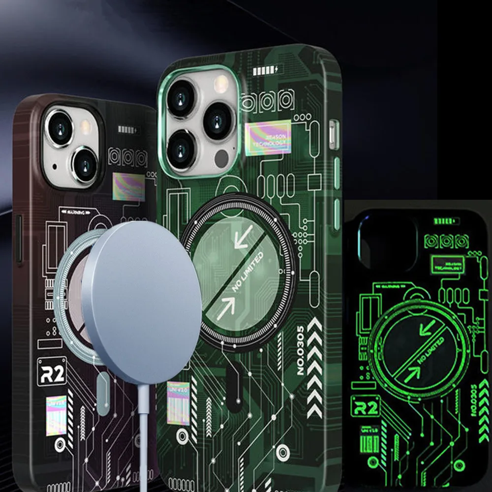 

Noctilucent Magsafing Magnetic Wireless Charger Case For iPhone 14 Pro Max 13 12 Luminous Circuit Board Shockproof Armor Cover