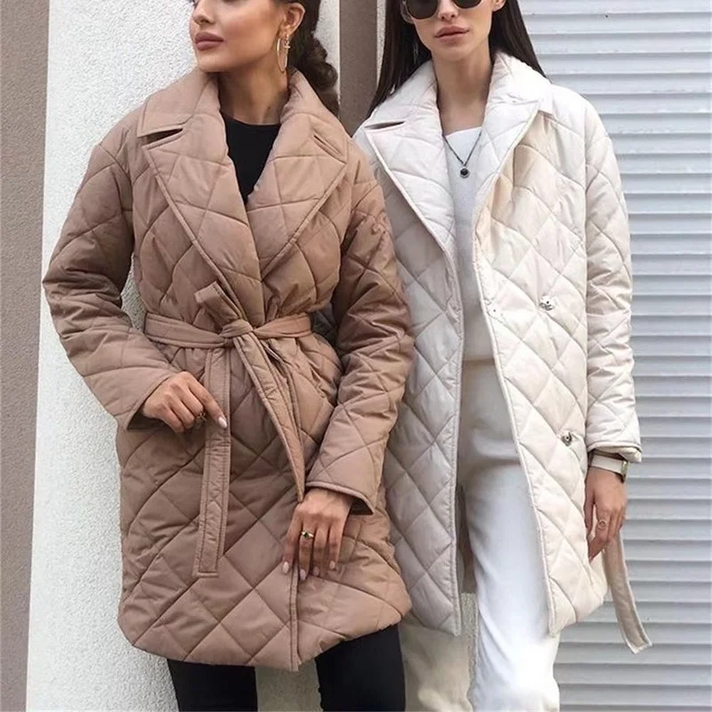 

Casual Rhombus Cotton Coats Women Winter Parkas Sashe Lae Up Long Deep Pockets Straight Jackets Female 2022 Warm Outerwear Brown