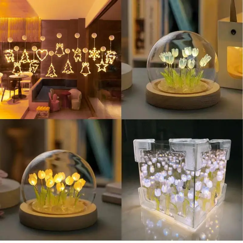 20PCS Tulip Nightlight Handmade DIY Material Cube Mirror Bedroom Decor Atmosphere Lamp Valentine's Day Birthday Gift