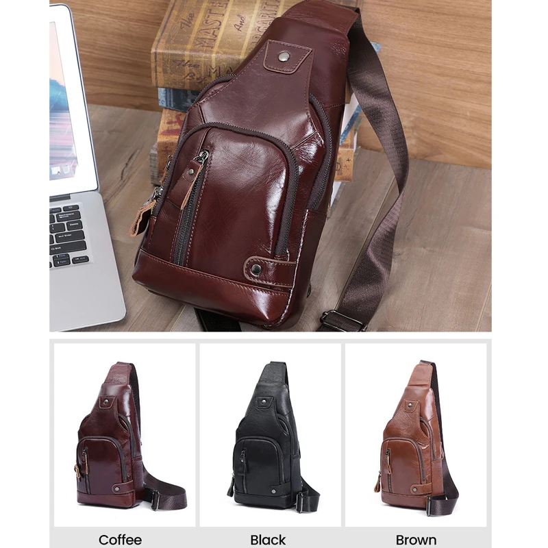 Fashion Cowhide Genuine Leather Waterproof Casual Daypack Sling Shoulder Chest Crossbody Bag for Men Outdoor Hiking Backpack