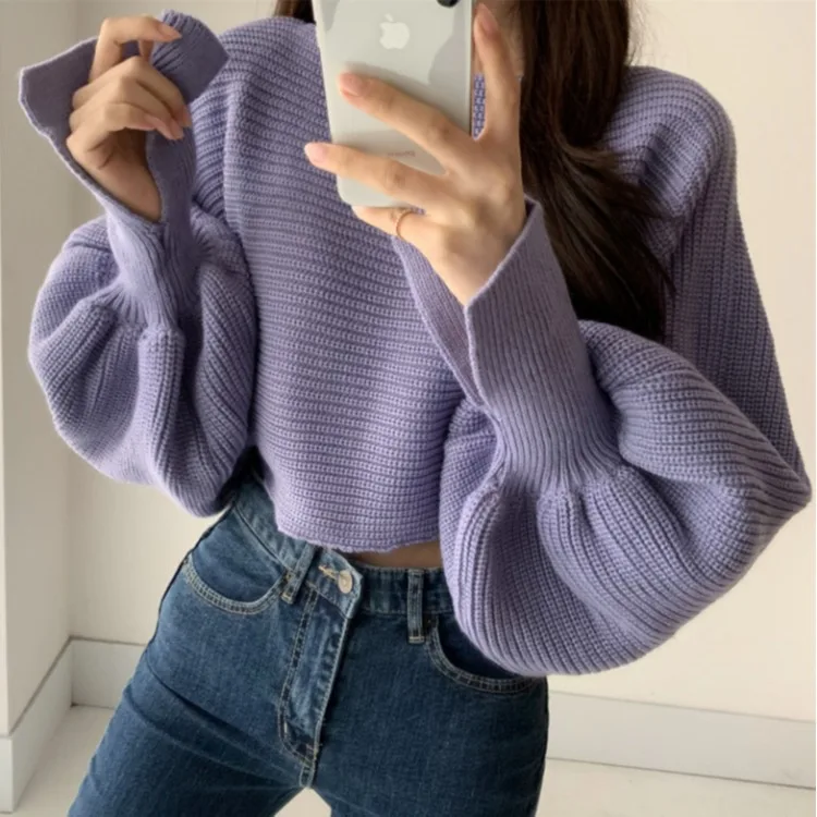 

Women New Winter Loose Warm Patchwork Short Sweaters Casual O-neck Knitted Female Tops Autumn Lantern Sleeve Fashion Jumpers