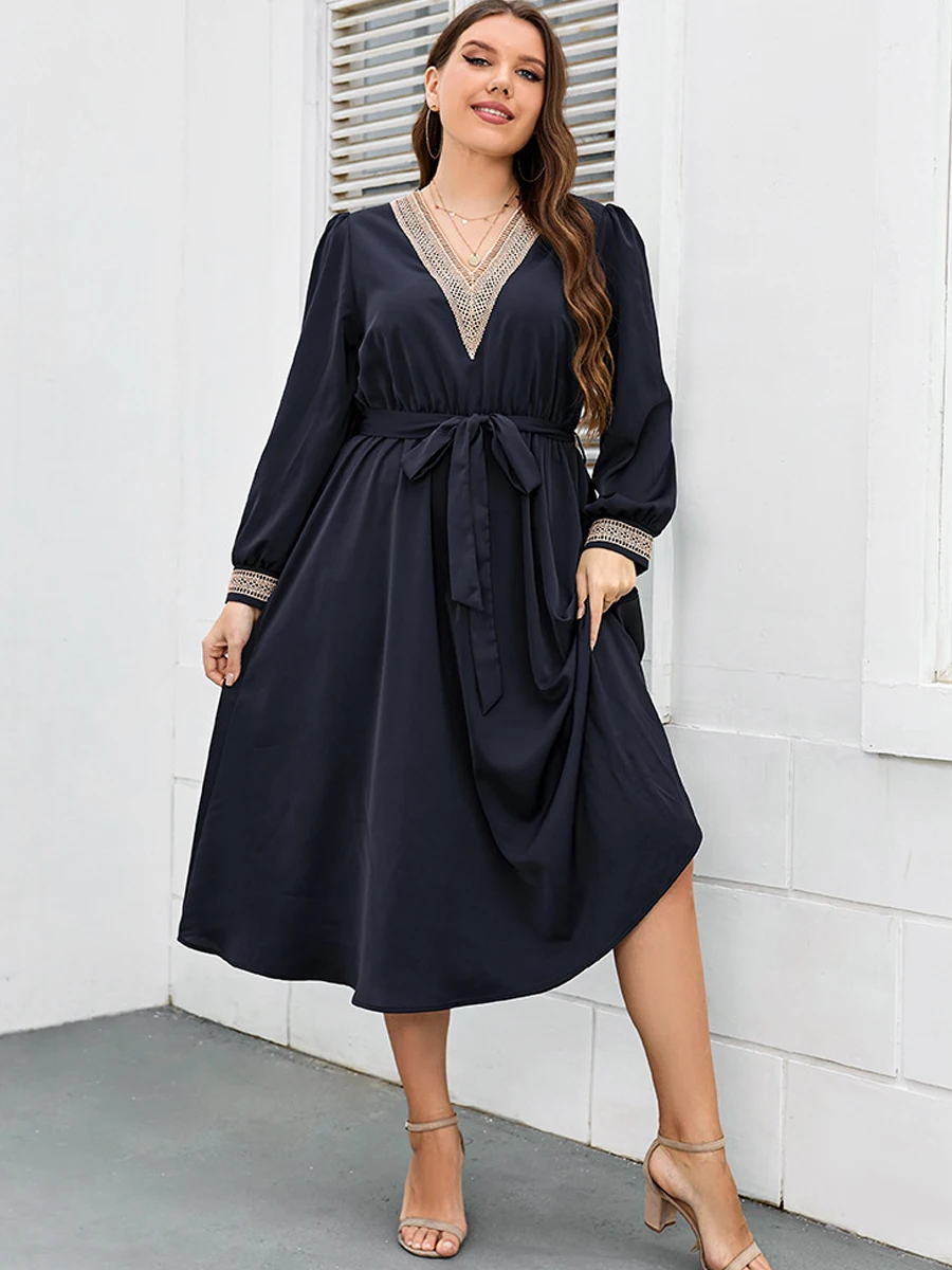 

2022 Summer Long Sleeve Dress Woman Elegant Lace V Neck High Waist Solid Casual Dress Maxi Long Plus Size Women Clothing